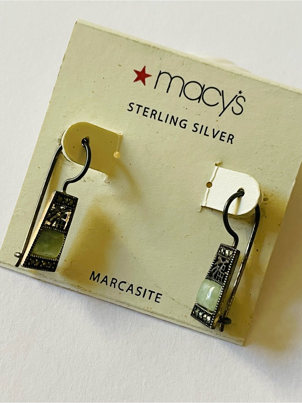 Macy's Sterling Silver Marcasite Drop Earrings with Jade Stones NWT